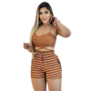 CONJUNTO Short Feminino Malha Marrom Listrado AJustável com Top