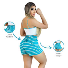 Short Feminino Malha Azul Listrado AJustável com Top - comprar online