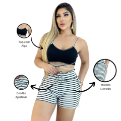 Short Feminino Malha Branco Listrado AJustável com Top