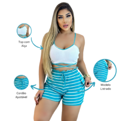 Short Feminino Malha Azul Listrado AJustável com Top