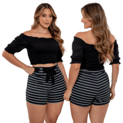 Short Listrado Feminino Preto e Blusinha Ombro a Ombro - loja online