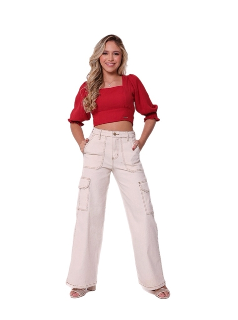 Calça wide leg cargo com pesponto - comprar online