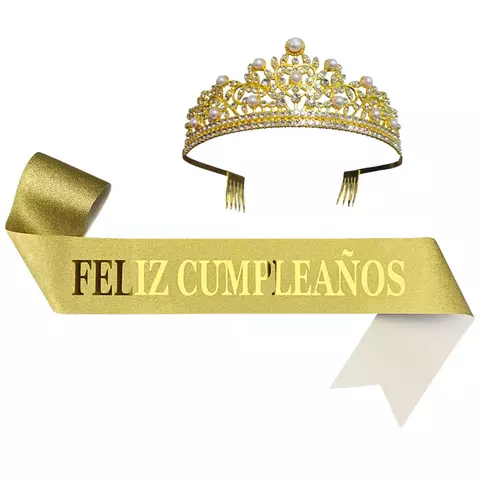 Corona Strass + Banda Frase Iridiscente Feliz Cumpleaños