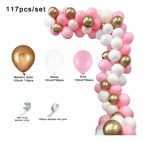 Arcos De Globos 87Pcs Rosa, Blanco Y Dorado Perlado