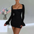 vestido plissado perspectiva malha mangas compridas sem costas cor sólida saia quadril - Sua Loja Online LC SHOP