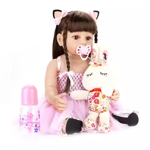 Kallex Shop Boneca Bebê Reborn De Silicone Menina 55cm Com Coelho De Pelúcia