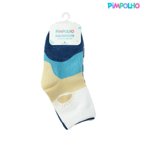 Kit meia colorida com 3 pares tamanho 26-30 menino azul sol/azul lua/cinza barco - Pimpolho