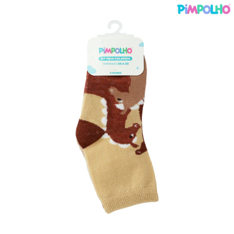 Kit meia colorida com 3 pares tamanho 26-30 menino marrom cavalo/bege listras/bege cavalo - Pimpolho