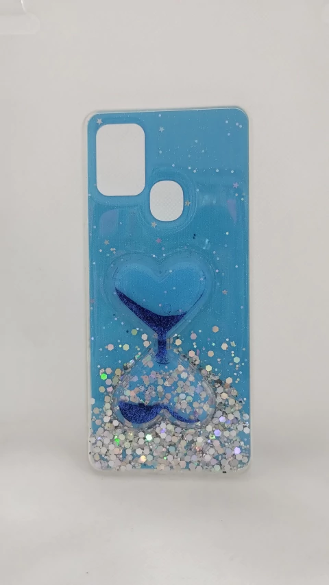 Capa Galaxy A21S – Duplo Coração com Glitter Azul em Fundo Estrelado