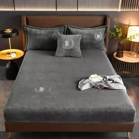 Lençóis de cama de veludo de cor sólida, lençóis ajustáveis quentes para c