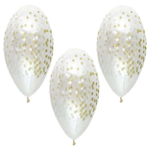BALÃO REDONDO DE LÁTEX CONFETTI DOURADO E BRANCO 12" (APROX.31CM) - 12 UNIDADES