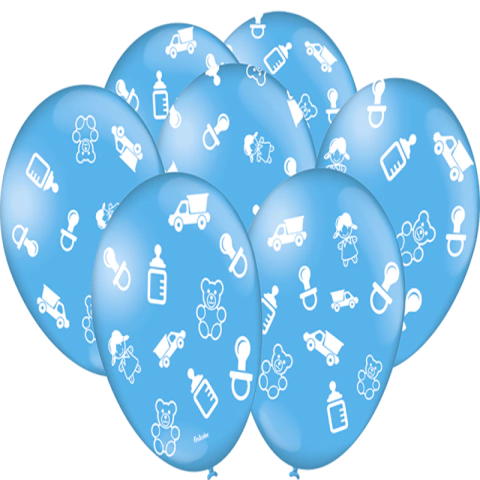 BALÃO REDONDO DE LÁTEX DECORADO BABY AZUL CLARO 9" (APROX.22CM) - 25 UNIDADES