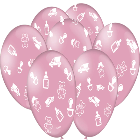 BALÃO REDONDO DE LÁTEX DECORADO BABY ROSA CLARO 9" (APROX.22CM) - 25 UNIDADES