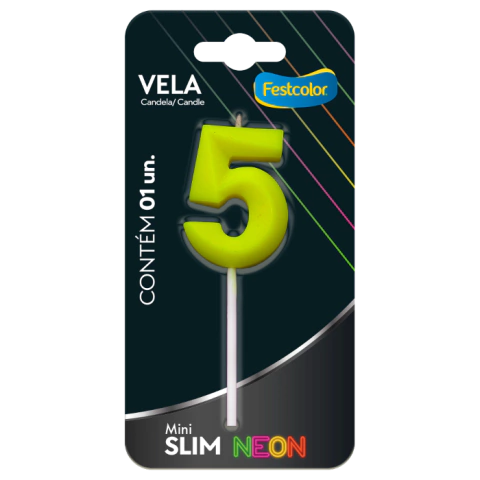 VELA MINI SLIM NEON AMARELA NÚMERO 5 - 01 UNIDADE