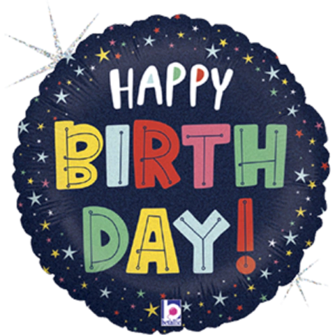 BALÃO METALIZADO REDONDO HAPPY BIRTHDAY COLORFUL STARS HOLOGRÁFICO 18"/45CM - 01 UNIDADE