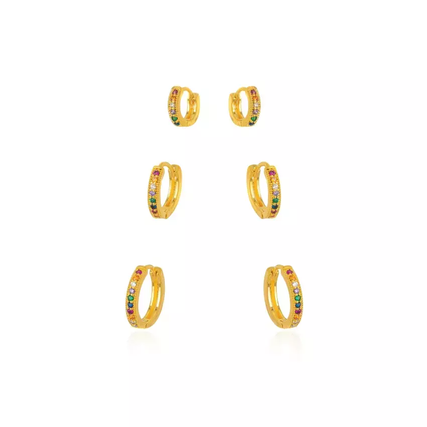 Brinco Semijoia Trio Argola Micro Zircônia Color - Ouro