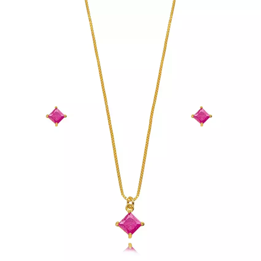 Conjunto Semijoia Quadrado Pink - Ouro