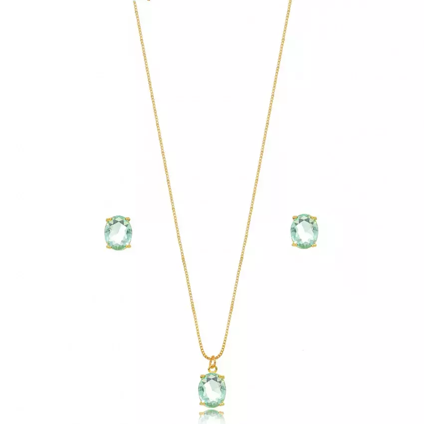 Conjunto Semijoia Oval Aqua Marinha - Verde Claro