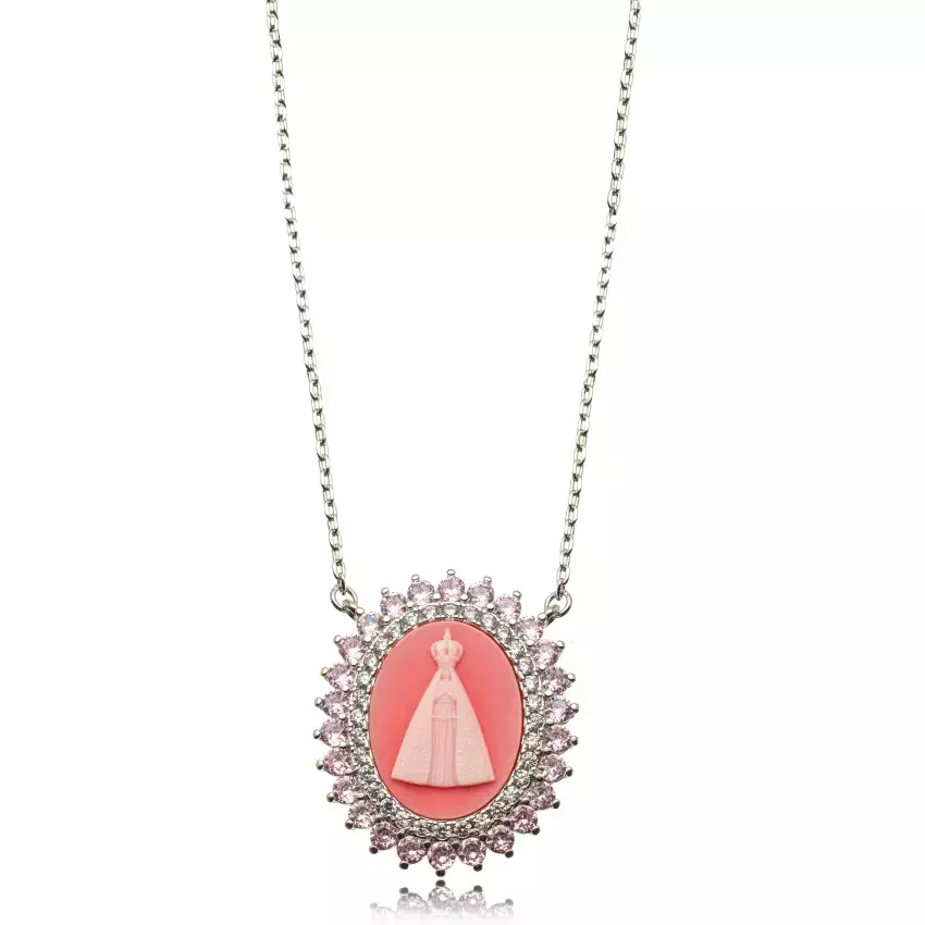 Colar Semijoia Nossa Senhora Aparecida Madrepérola Cravejado - Ródio Branco Rosa Quartzo