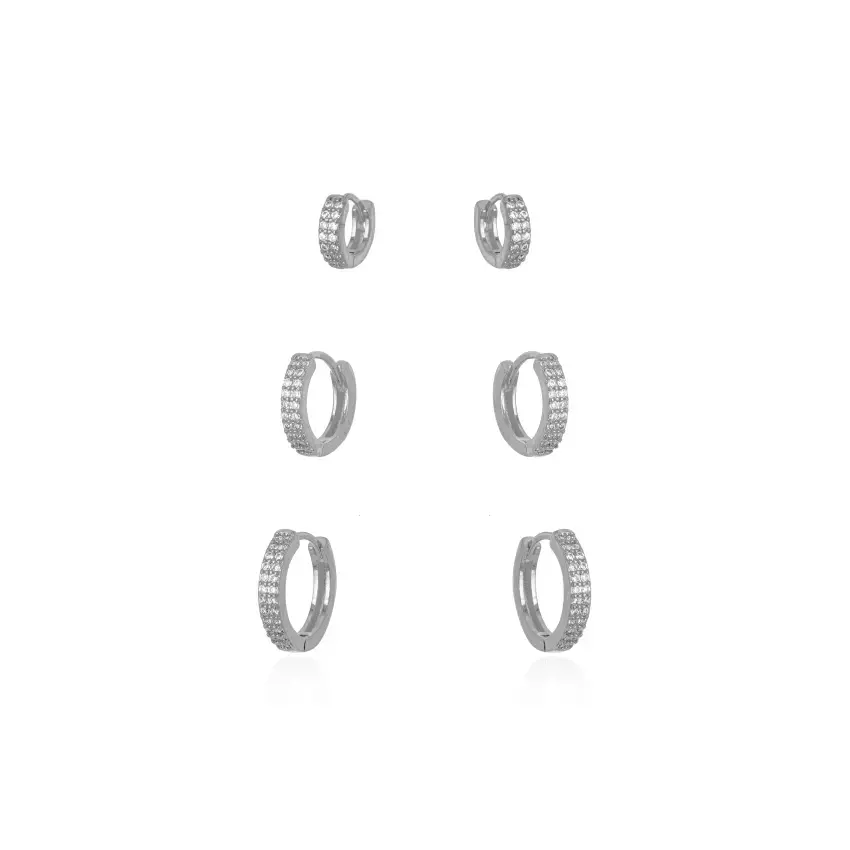 Brinco Semijoia Trio Argola Micro Zircônia - Ródio Branco