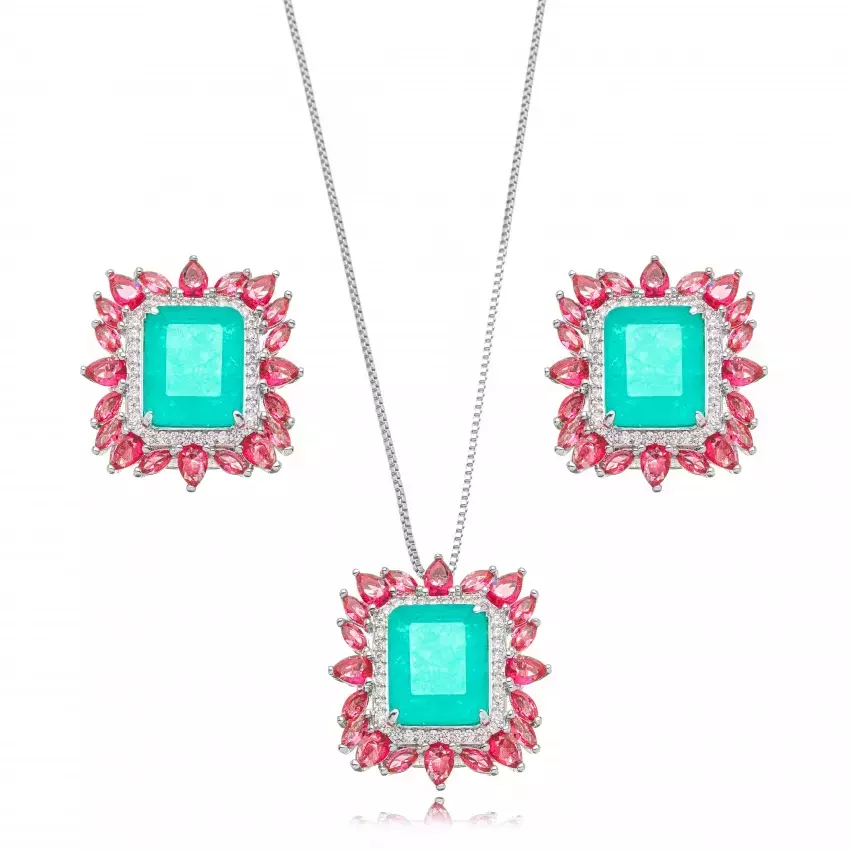 Conjunto Semijoia Quadrado Turmalina Colorido - Ródio Branco