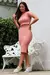 Conjunto Canelado Cropped Manguinha com Cadarços e Saia Tubinho com Fenda Lateral Rose - CJC1