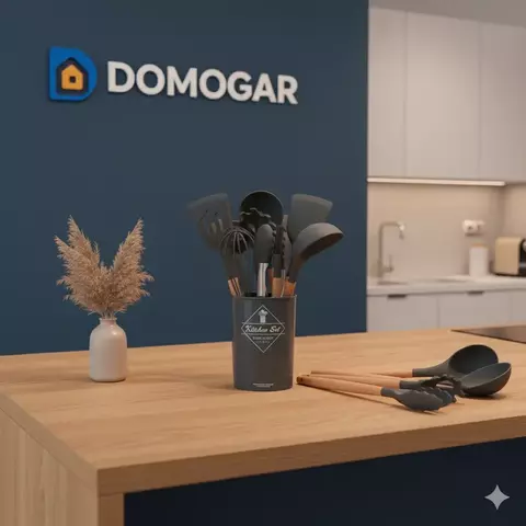 Set X12 Utensilios De Cocina Mango Madera Punta Silicona