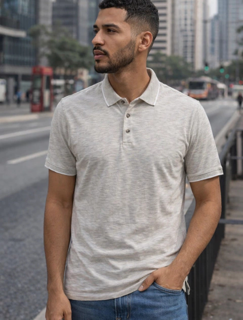 Camiseta Polo Masculina Mesclada com Detalhe na Gola