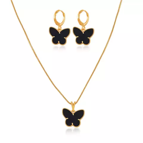 CONJUNTO COLAR + BRINCO BORBOLETA ESMALTADO PRETO - FOLHEADO A OURO