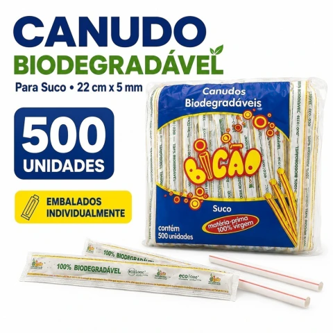 Canudo Plástico Biodegradável para Suco Embalado Individualmente 500 Unidades - Bicão