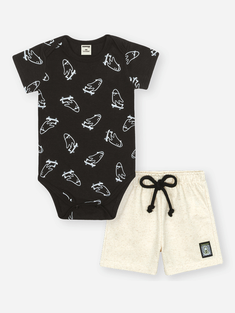 CONJ BODY E BERMUDA PRETO/OFF WHITE