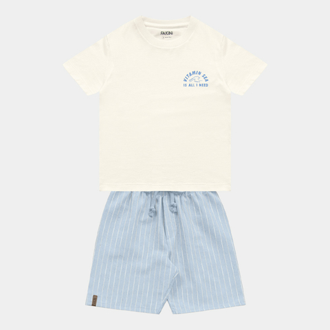 CONJUNTO CAMISETA EM MALHA 100%ALGODAO E BERMUDA EM TECIDO 80%ALGODAO 20%POLIESTER MASCULINO MARFIM/AZUL -