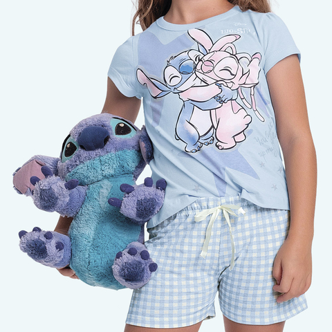 CONJUNTO PIJAMA BLUSA E SHORT EM MALHA 100%ALGODAO FEMININO AZUL