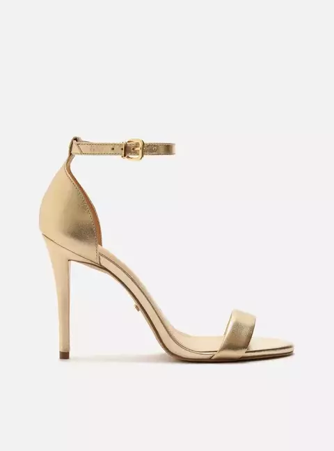 Sandália Arezzo Dourada Couro Salto Alto Fino 10cm Isabelli