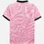 Camisa rosa de edição limitada com estampa ondulada, em homenagem ao Flamengo e Hello Kitty, vista de costas.