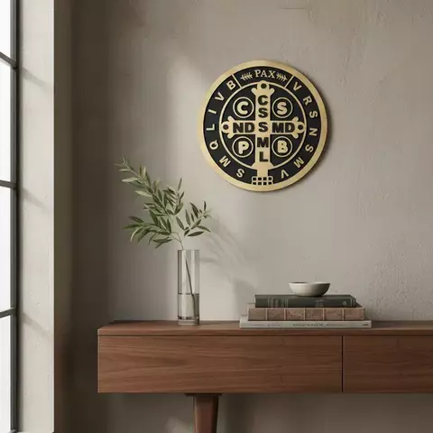 Quadro Decorativo Vazado em 3D Medalha de São Bento 3 Camadas de MDF Alto Relevo Preto e Dourado - comprar online