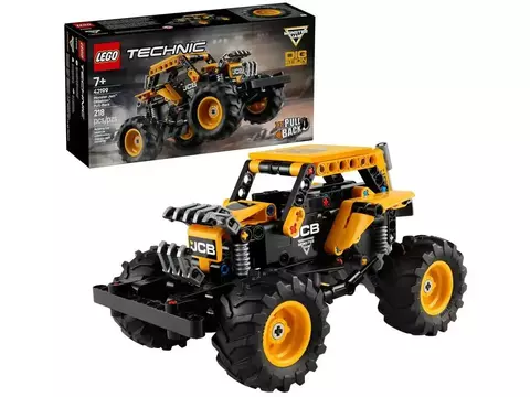 LEGO Monster Jam DIGatron de Puxar 42199 montado, destacando o caminhão em estilo Monster Jam com rodas grandes e design robusto