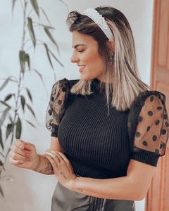 Blusa Tule Manga Curta Luxo Elegante Poá Moda Blogueira na internet