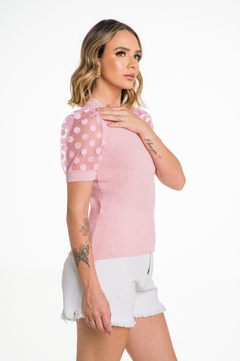 Blusa Tule Manga Curta Luxo Elegante Poá Moda Blogueira - comprar online