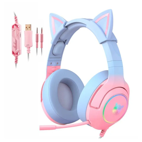 Auriculares Gamer Onikuma K9 Para Jugadores Orejas De Gato Celeste Y Rosa