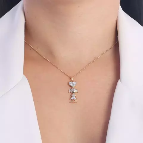 COLAR COM MENINA E CORAÇÃO CRAVEJADO CRISTAL (45CM+5CM) BANHO OURO 18K