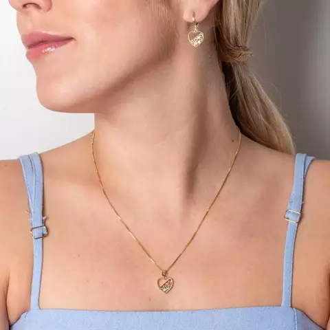 CONJUNTO CORAÇÕES MEIO CRAVEJADO (45CM+5CM) - BANHO OURO 18K