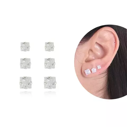TRIO DE BRINCOS QUADRADOS (4MM/5MM/6MM) - PRATA 925