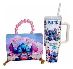 Bolsinha Luxo Infantil Presente + Copo Stitch 900ml Branco R Rosa