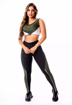 Conjunto Fitness Feminino Calça Legging Preta com Verde Militar e Vivo Branco Cintura Alta e Cropped Regata CSV27 - comprar online