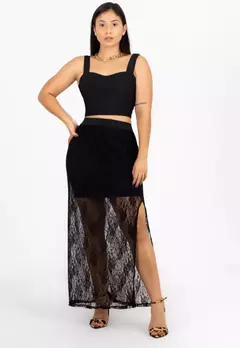 Conjunto Cropped e Saia de Renda com Fenda Lateral Preto C0001