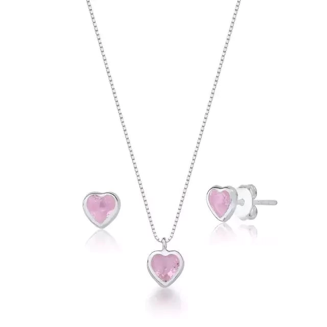 Conjunto Ponto de Luz Coração Rosa de Prata