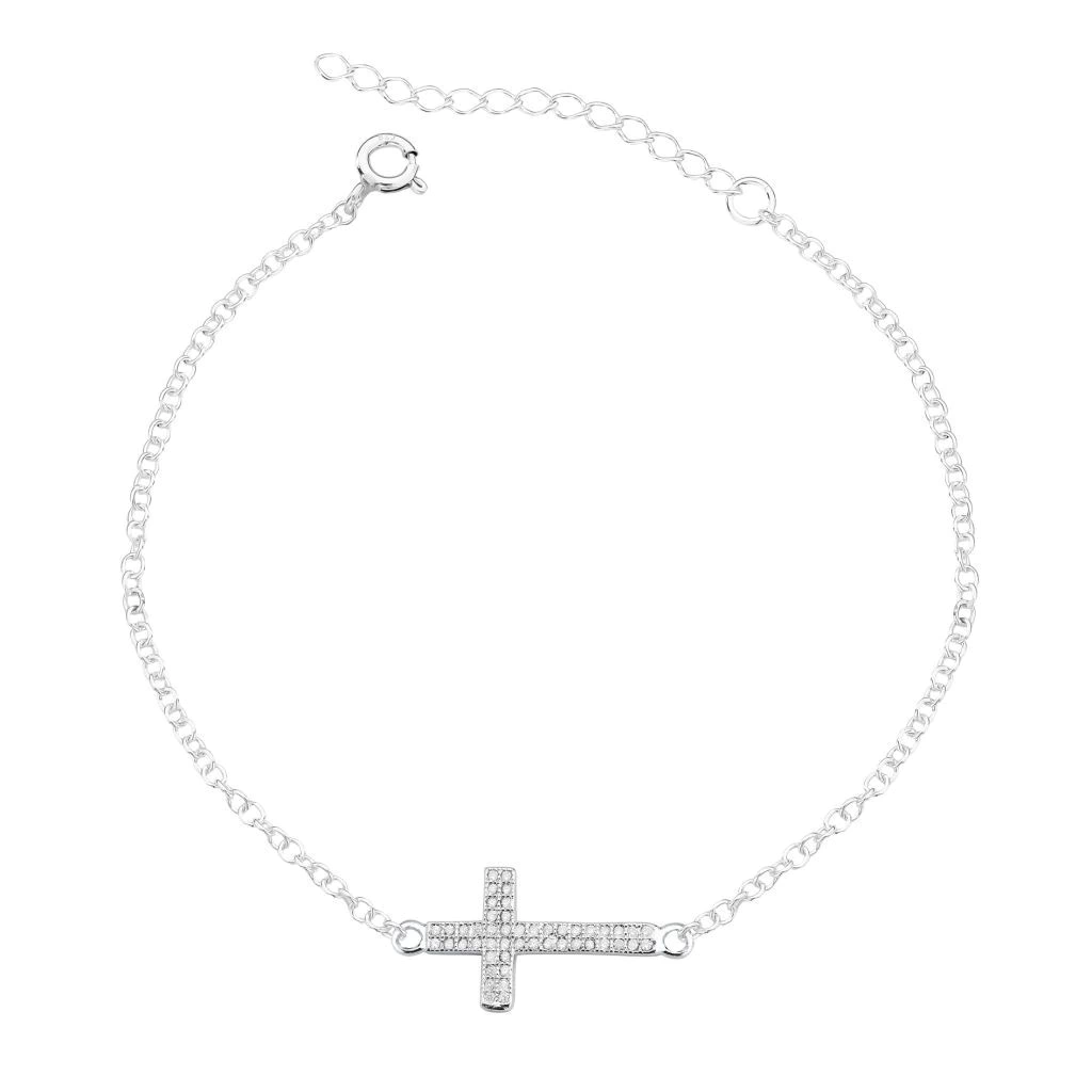 Pulseira Cruz 2 Fileira Cravejada de Prata