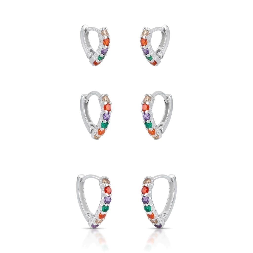 Trio Argola Cravejado Colorido de Prata