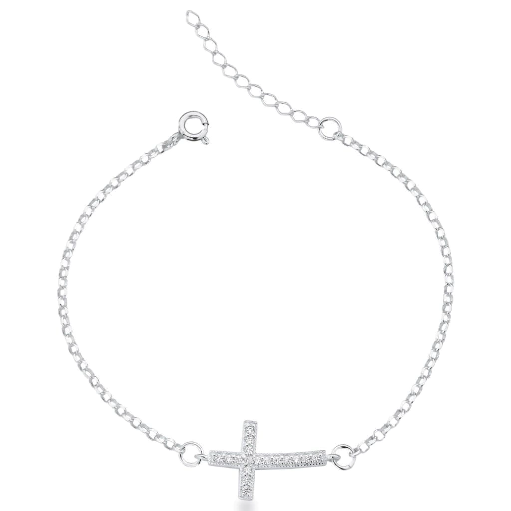 Pulseira Cruz Cravejado Curvada de Prata